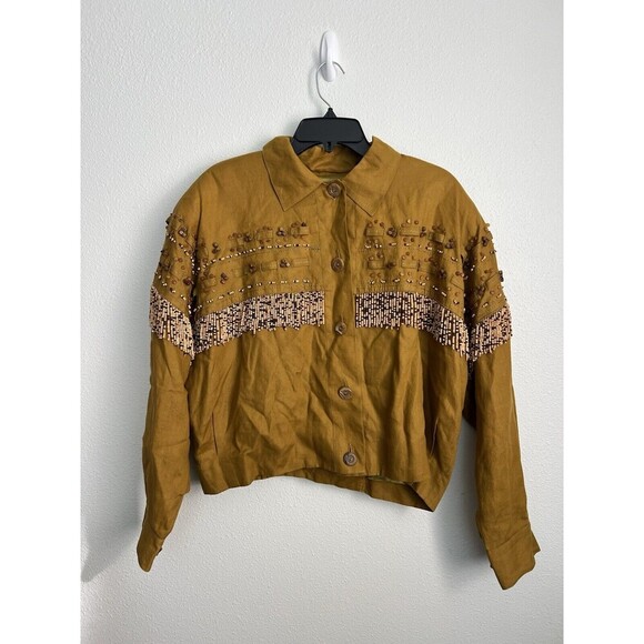 VTG Linen Beaded Cropped Oversized Jacket Mustard ButtonUp Cowgirl Boho Western - Picture 1 of 15